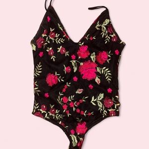 Windsor Black Bodysuit with Pink Rose & Green Leaf Embroidery